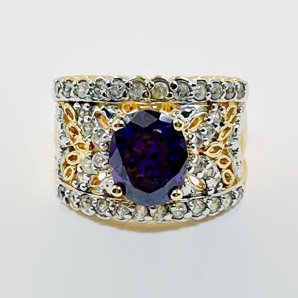 Vintage Amethyst Ring Sterling Silver: Gold Vermeil CZs Ring Band Size Purple - Picture 6 of 8
